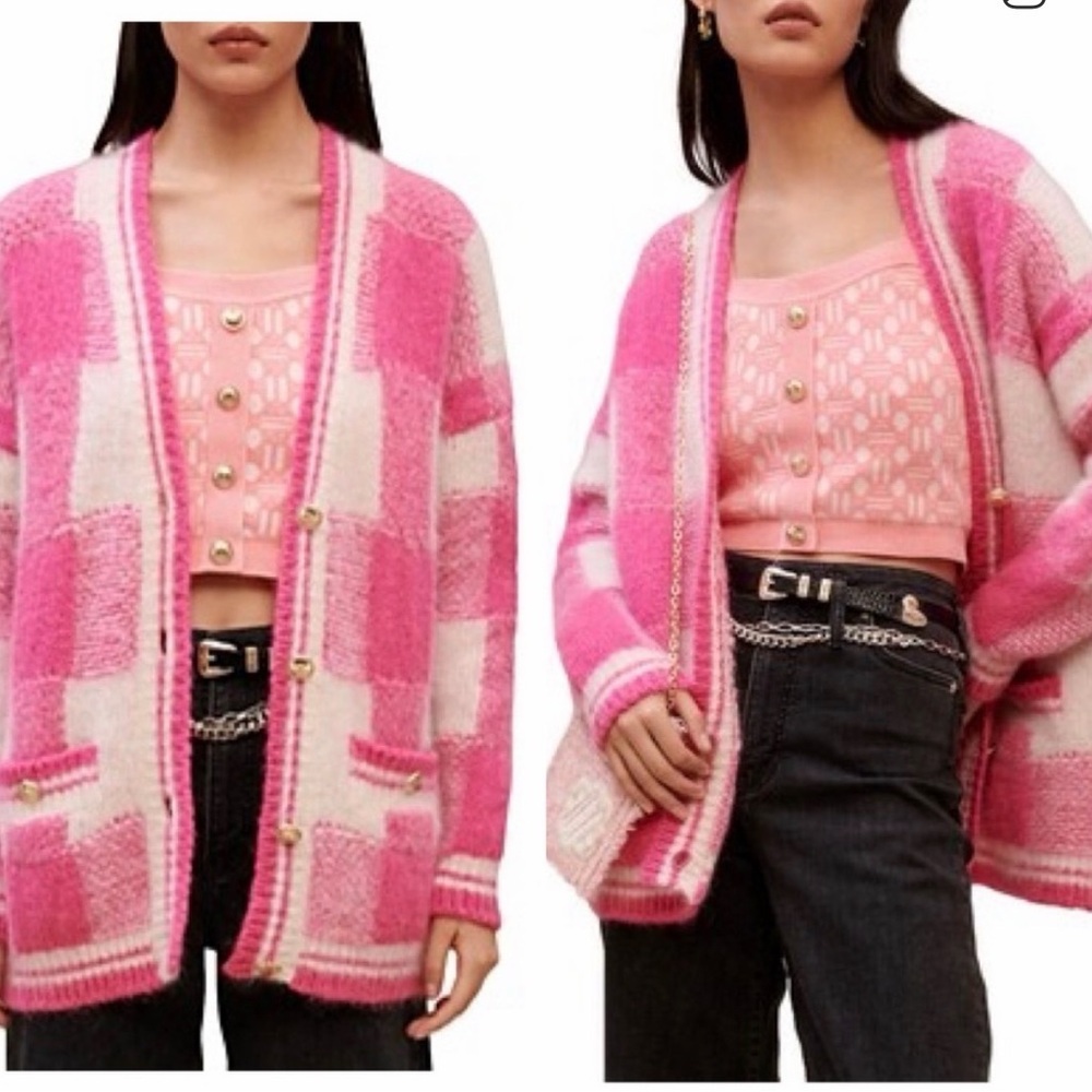 Maje My Squared Pink and White Checkered Oversized Cardigan Chanel